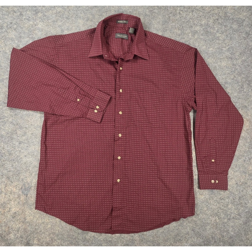 Van Heusen Mens Large Long Sleeve Wrinkle Free Button Down Shirt Burgundy Print